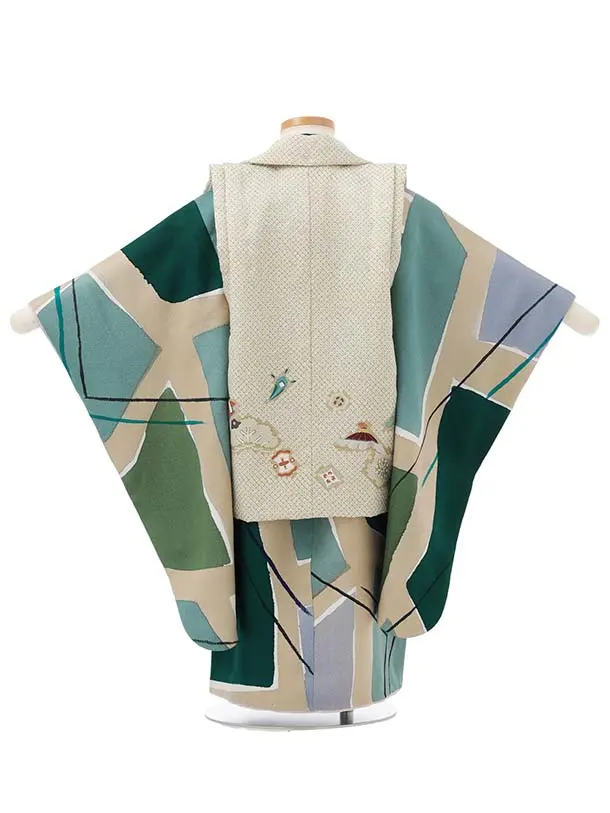 七五三(3歳男児被布)W691【正絹】ヒワ疋田 刺繍鷹×グリーン変わり柄