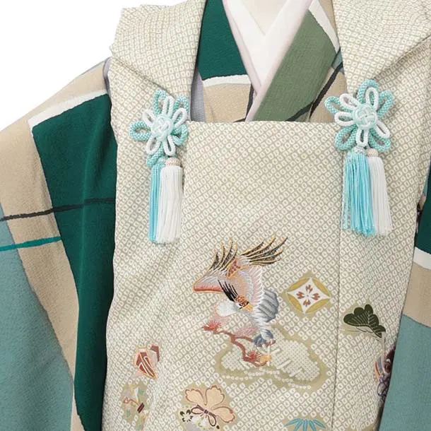 七五三(3歳男児被布)W691【正絹】ヒワ疋田 刺繍鷹×グリーン変わり柄