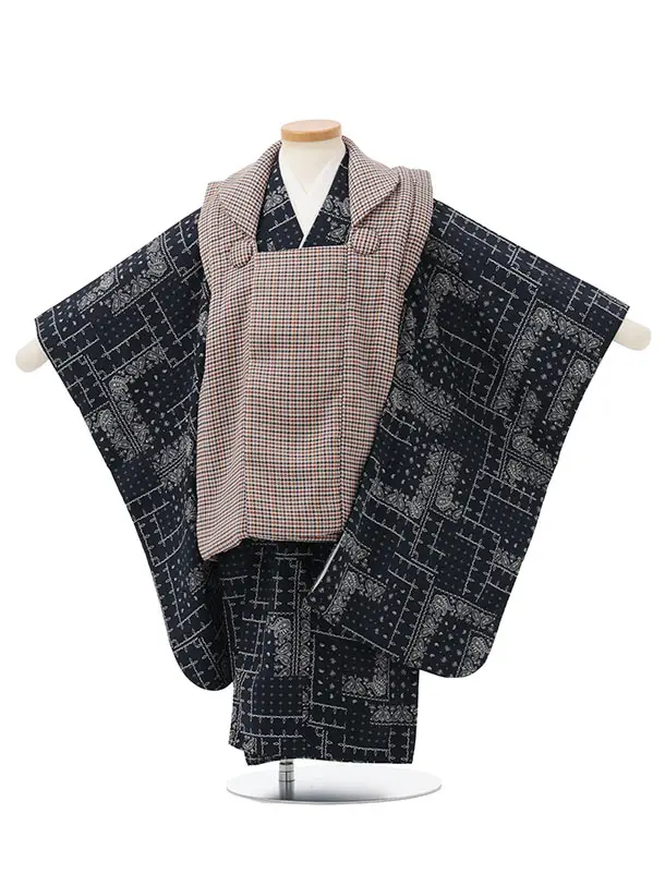 七五三レンタル(3歳男児被布)W698 紺茶チェック×ネイビーペイズリー
