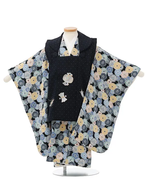 七五三レンタル(3歳男児被布)W699 紺地 刺繍宝尽くし × 菊