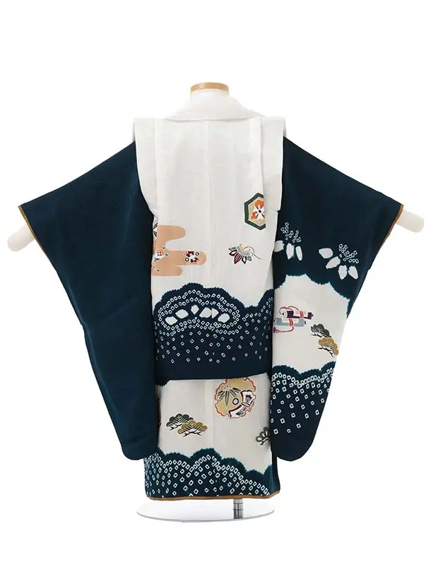 七五三レンタル(3歳男児被布)W709 【正絹】白×青地 宝尽くし
