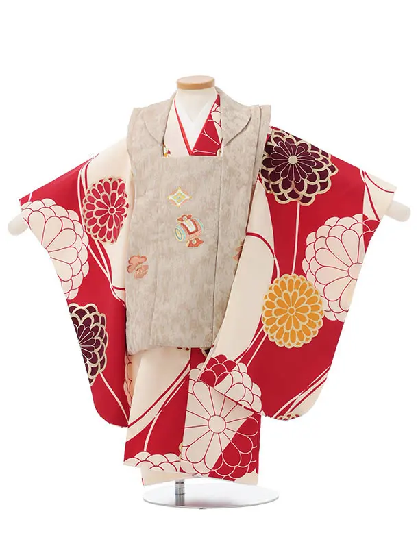 七五三レンタル(3歳男児被布)W710 ベージュ×赤クリーム菊