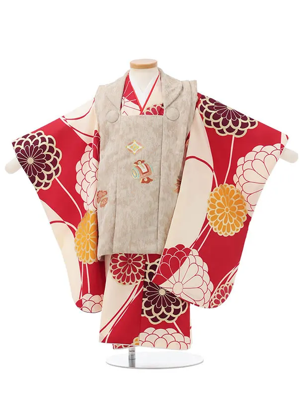 七五三レンタル(3歳男児被布)W712 ベージュ×赤クリーム菊