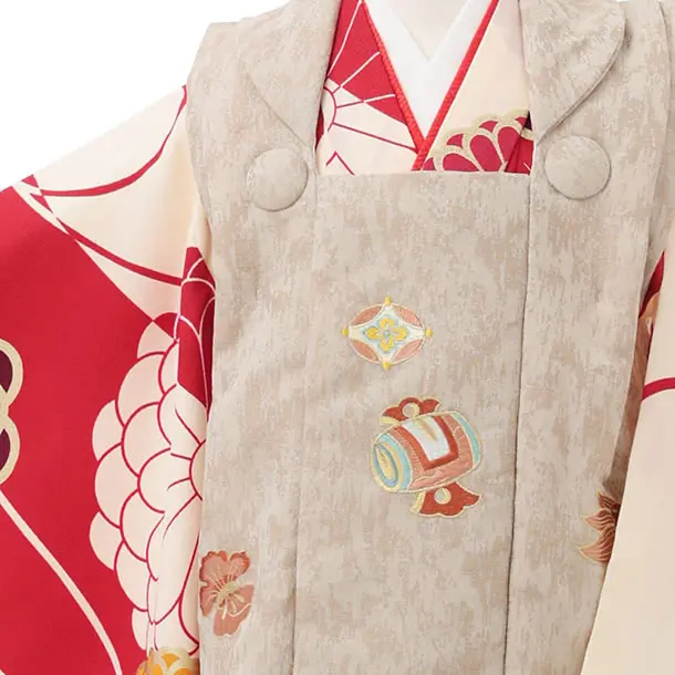 七五三レンタル(3歳男児被布)W712 ベージュ×赤クリーム菊
