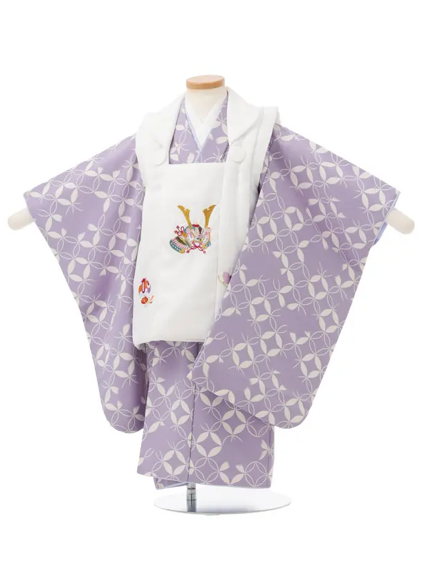 七五三レンタル(3歳男児被布)W715 白地刺繍兜 × 紫地七宝