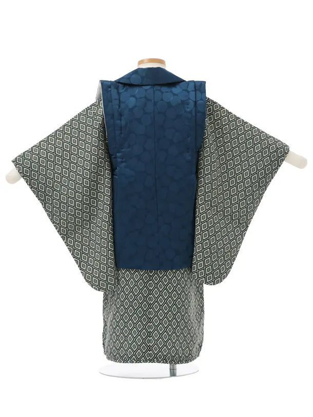 七五三レンタル(3歳男児被布)W720 紺ドット×ブルーグリーン 菱