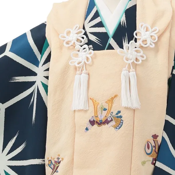 七五三レンタル(3歳男児被布)W741 クリーム刺繍兜×紺変わり麻の葉柄