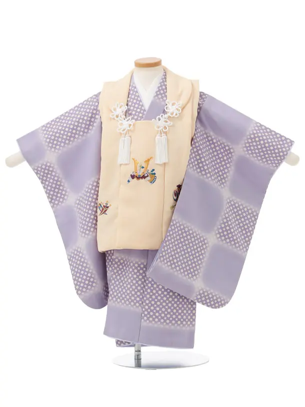 七五三レンタル(3歳男児被布)W742 クリーム刺繍兜×パープル変わり市松