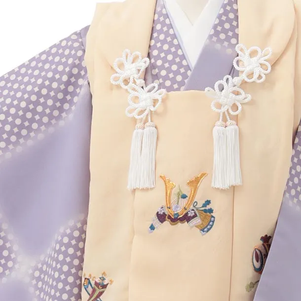 七五三レンタル(3歳男児被布)W742 クリーム刺繍兜×パープル変わり市松