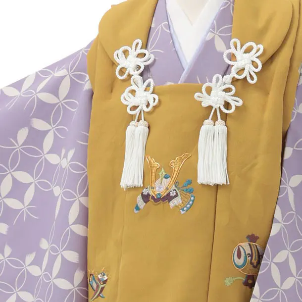 七五三レンタル(3歳男児被布)W750 からし色刺繍兜×パープル 七宝