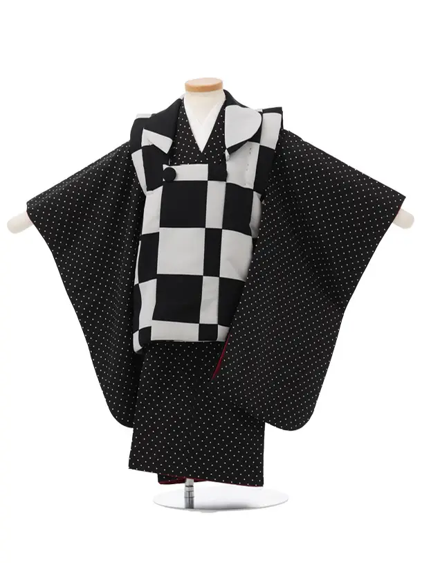七五三レンタル(3歳男児被布)W753 黒グレー 市松×黒地白ドット