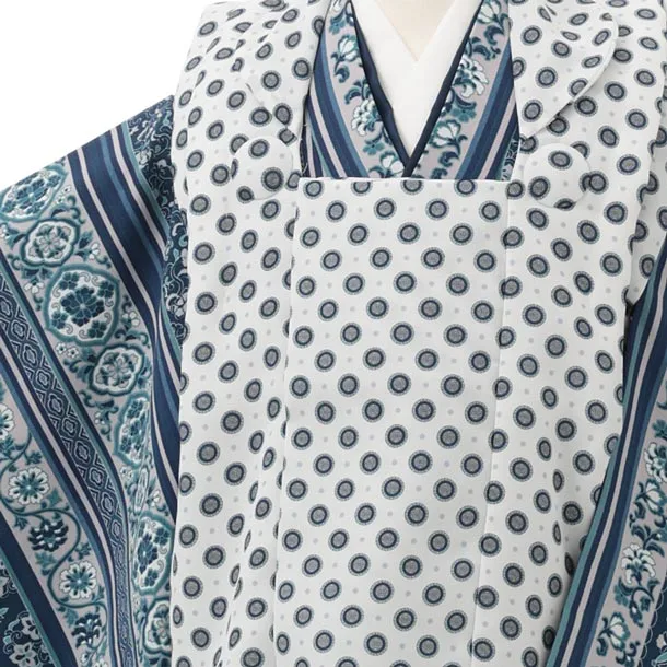 七五三レンタル(3歳男児被布)W775 白地ドット× 青 洋花
