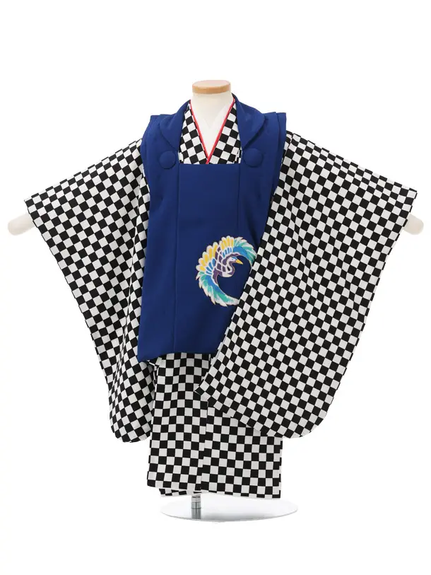 七五三レンタル(3歳男児被布)W784 青地 刺繍鶴丸×黒白市松
