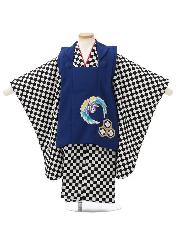 七五三レンタル(3歳男児被布)W784 青地 刺繍鶴丸×黒白市松