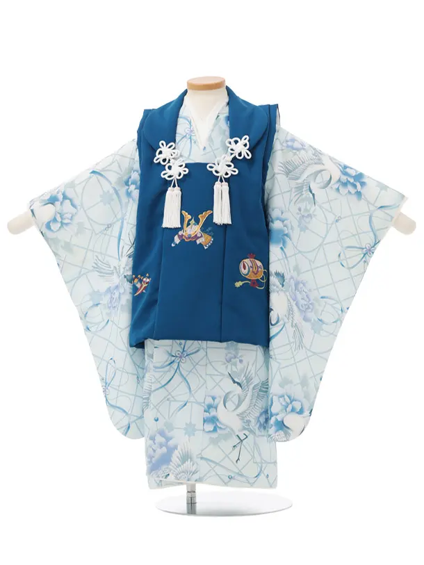 七五三レンタル(3歳男児被布)W792 青地刺繍兜×ブルー牡丹に鶴