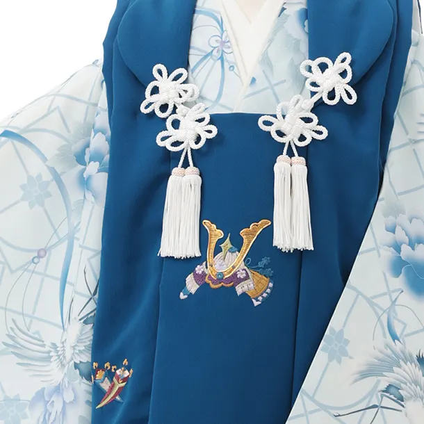 七五三レンタル(3歳男児被布)W792 青地刺繍兜×ブルー牡丹に鶴