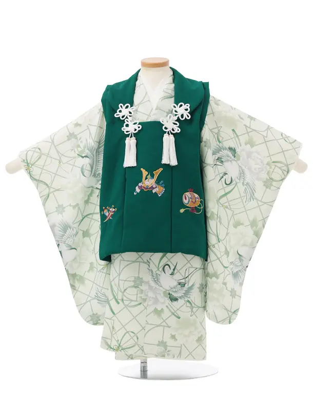 七五三レンタル(3歳男児被布)W794 緑刺繍兜×グリーン牡丹に鶴