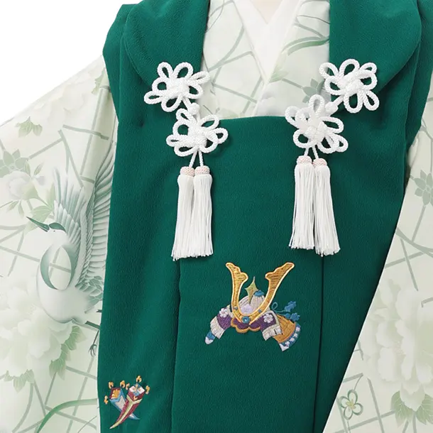 七五三レンタル(3歳男児被布)W794 緑刺繍兜×グリーン牡丹に鶴