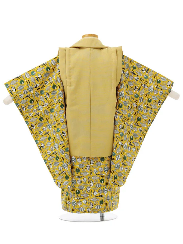 七五三レンタル(3歳男児被布)W795 マスタード×山吹色お魚
