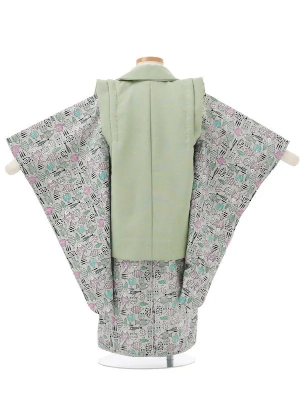 七五三レンタル(3歳男児被布)W796 モスグリーン×グレーお魚