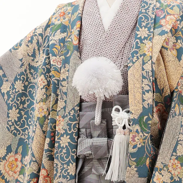 七五三(5歳男袴)X527【正絹】ブルーグリーンベージュ更紗×グレーパープル