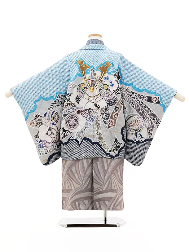 七五三レンタル(5歳男袴)X620 水色疋田調 熨斗兜×グレーパープル