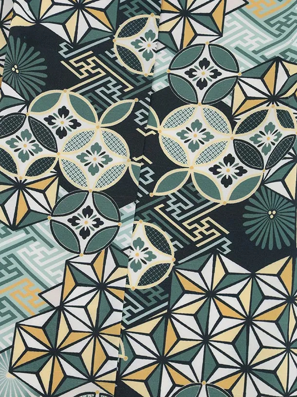 七五三レンタル(5歳男袴)X629 ベージュグリーン 麻の葉 七宝×薄ベージュ