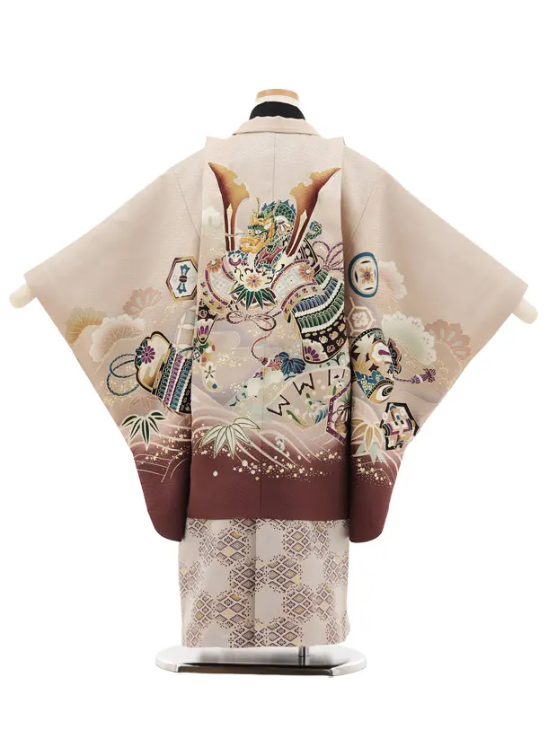 七五三(5歳男袴)X652【正絹】ベージュ 波に兜×白菱