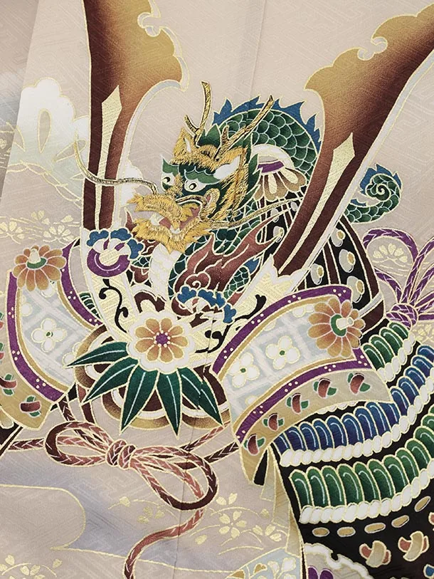 七五三(5歳男袴)X652【正絹】ベージュ 波に兜×白菱