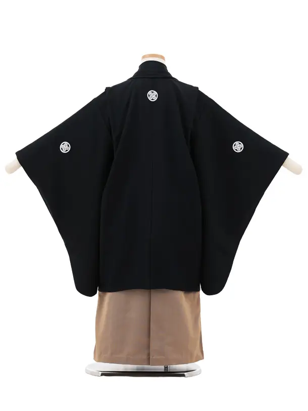 七五三(5歳男袴)X660【正絹】黒紋付×茶細縞