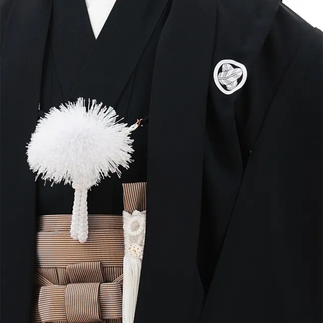 七五三(5歳男袴)X660【正絹】黒紋付×茶細縞