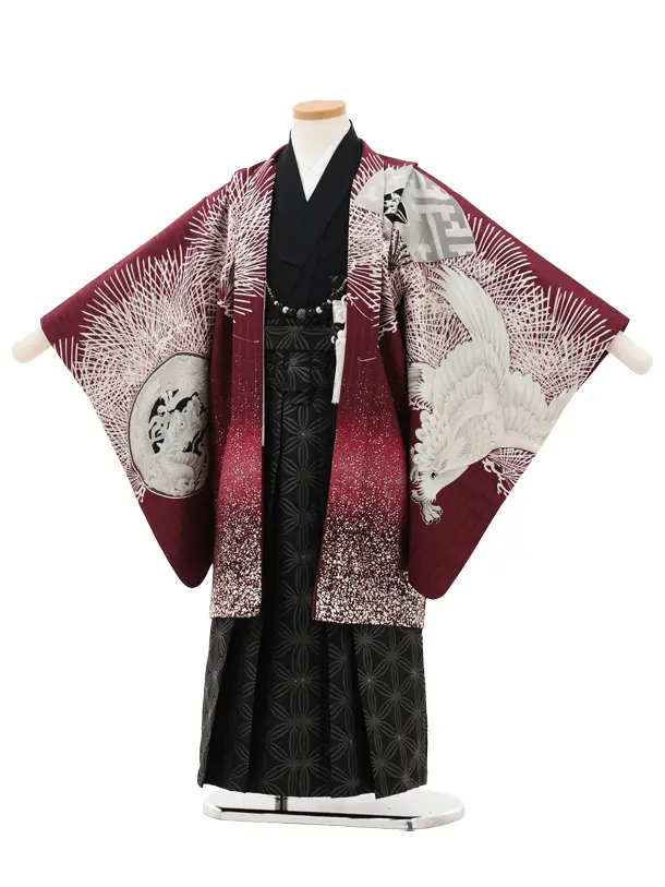 かんたん七五三(5歳男袴)X662 JAPAN STYLE ボルドー針松に鷹×黒