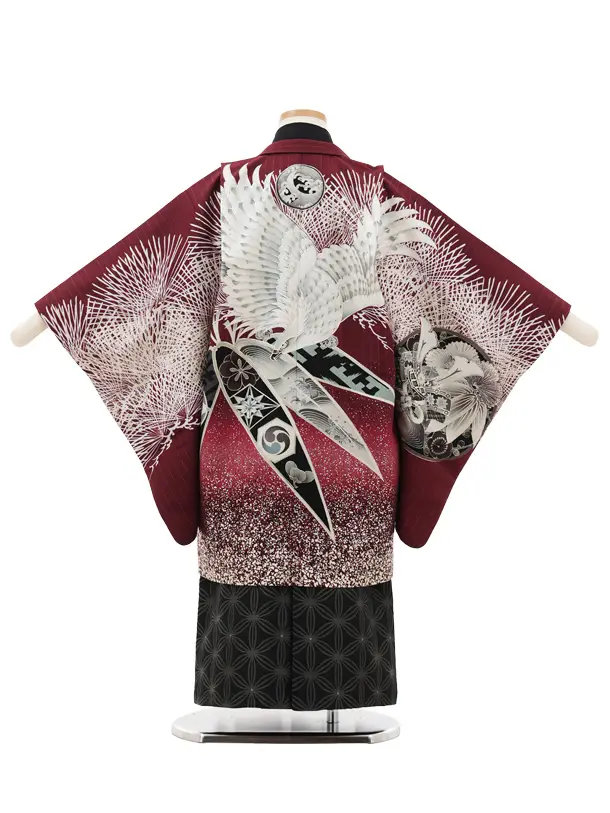 かんたん七五三(5歳男袴)X662 JAPAN STYLE ボルドー針松に鷹×黒