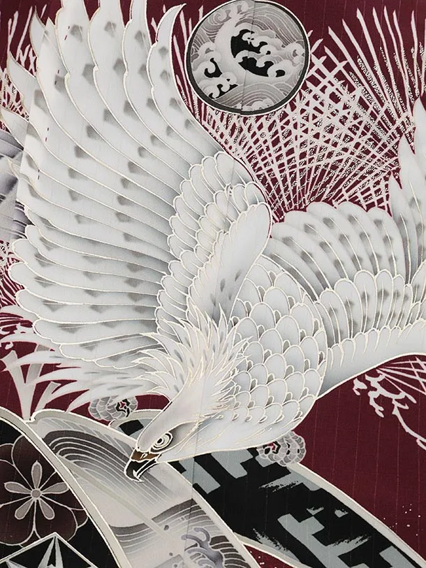 かんたん七五三(5歳男袴)X662 JAPAN STYLE ボルドー針松に鷹×黒