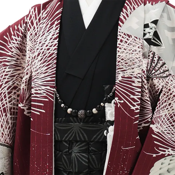 かんたん七五三(5歳男袴)X662 JAPAN STYLE ボルドー針松に鷹×黒