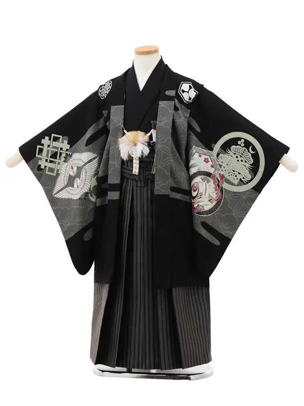 かんたん七五三(5歳男袴)X663 LOWRYS FARM 黒地 雲に白鷹×黒縞