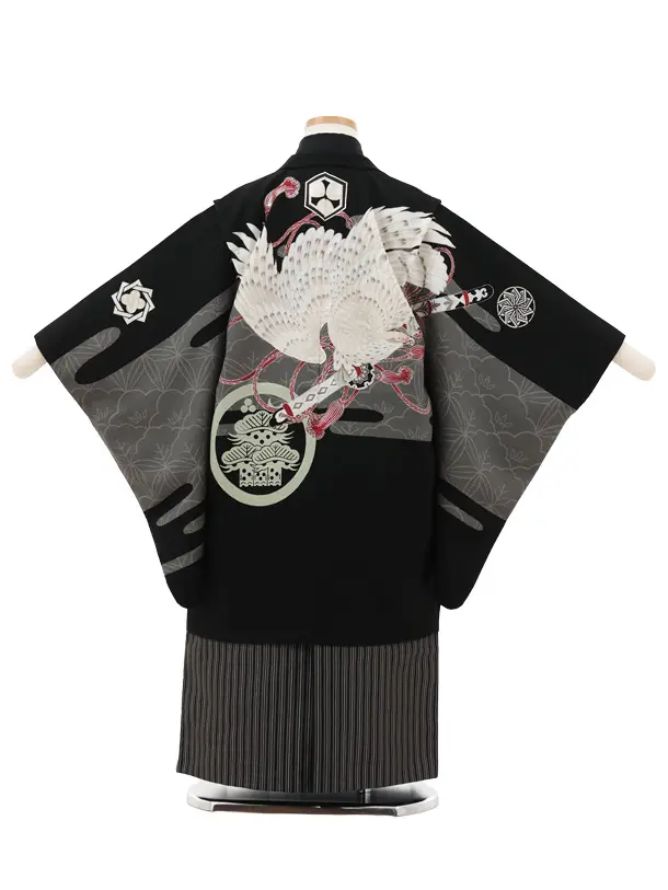 かんたん七五三(5歳男袴)X663 LOWRYS FARM 黒地 雲に白鷹×黒縞