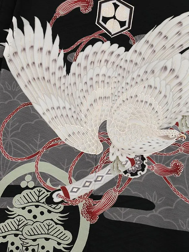 かんたん七五三(5歳男袴)X663 LOWRYS FARM 黒地 雲に白鷹×黒縞