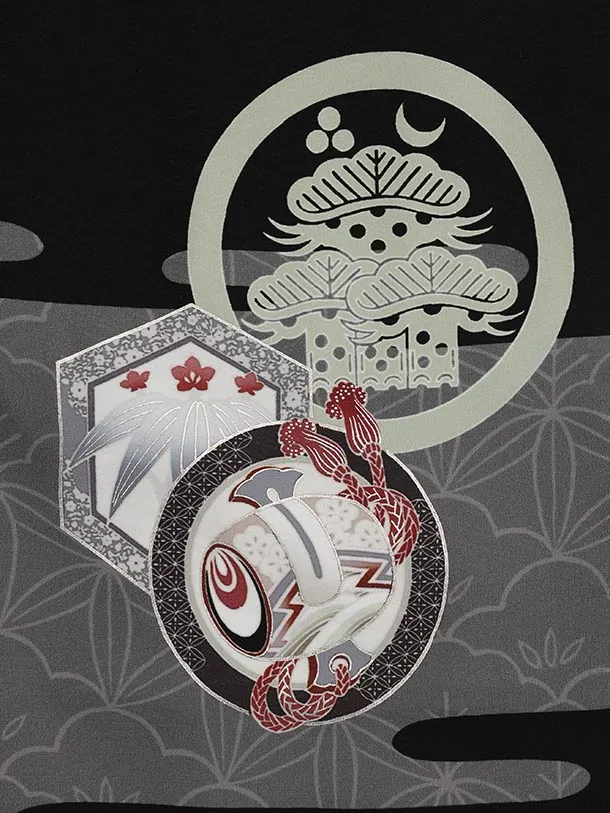 かんたん七五三(5歳男袴)X663 LOWRYS FARM 黒地 雲に白鷹×黒縞