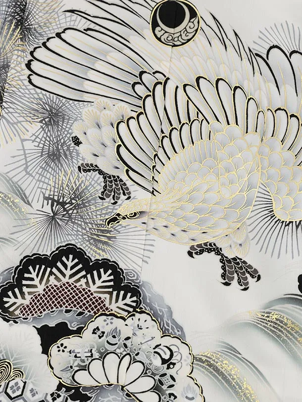 かんたん七五三(5歳男袴)X669 京舞 白地松丸紋に鷹×黒ストライプ