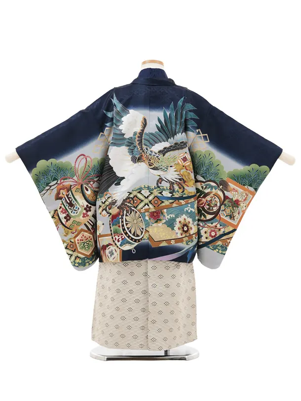 かんたん七五三(5歳男袴)X683 紺 熨斗に鷹×アイボリー