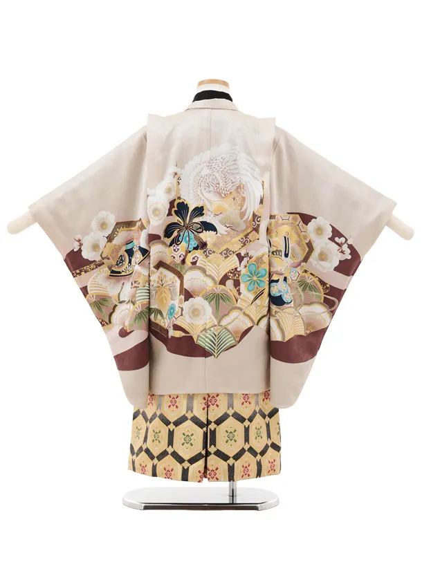 かんたん七五三(5歳男袴)X703【正絹】 ベージュ吉祥文様 白鷹×ゴールド亀甲