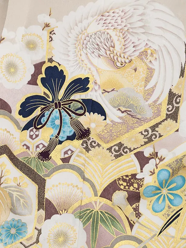 かんたん七五三(5歳男袴)X703【正絹】 ベージュ吉祥文様 白鷹×ゴールド亀甲