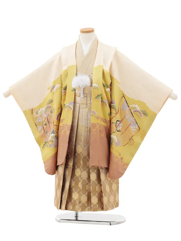 かんたん(5歳袴)X704【正絹】 クリーム萌黄色 吉祥文様 鷹×ゴールドぼかし