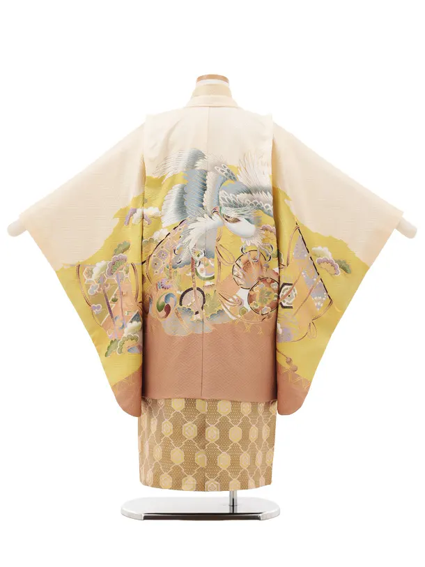 かんたん(5歳袴)X704【正絹】 クリーム萌黄色 吉祥文様 鷹×ゴールドぼかし