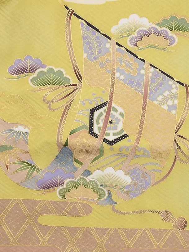 かんたん(5歳袴)X704【正絹】 クリーム萌黄色 吉祥文様 鷹×ゴールドぼかし