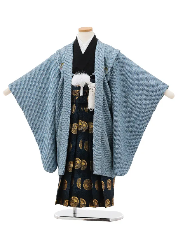 七五三(5歳男袴)X709【高級正絹】ブルー地 絞り 刺繍紋×紺丸紋