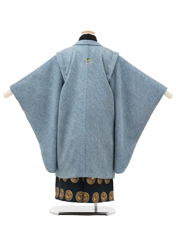 七五三(5歳男袴)X709【高級正絹】ブルー地 絞り 刺繍紋×紺丸紋