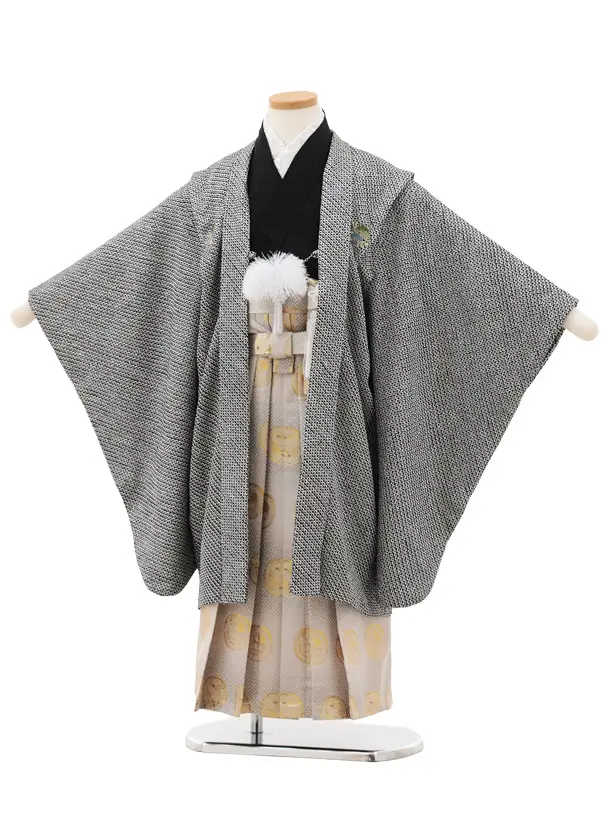 七五三(5歳男袴)X713【高級正絹】黒地絞り刺繍紋×ベージュ丸紋