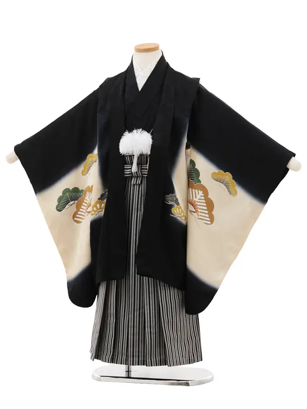 七五三(5歳男袴)X724【高級正絹】黒地 松に吉祥文様 鷹×黒縞